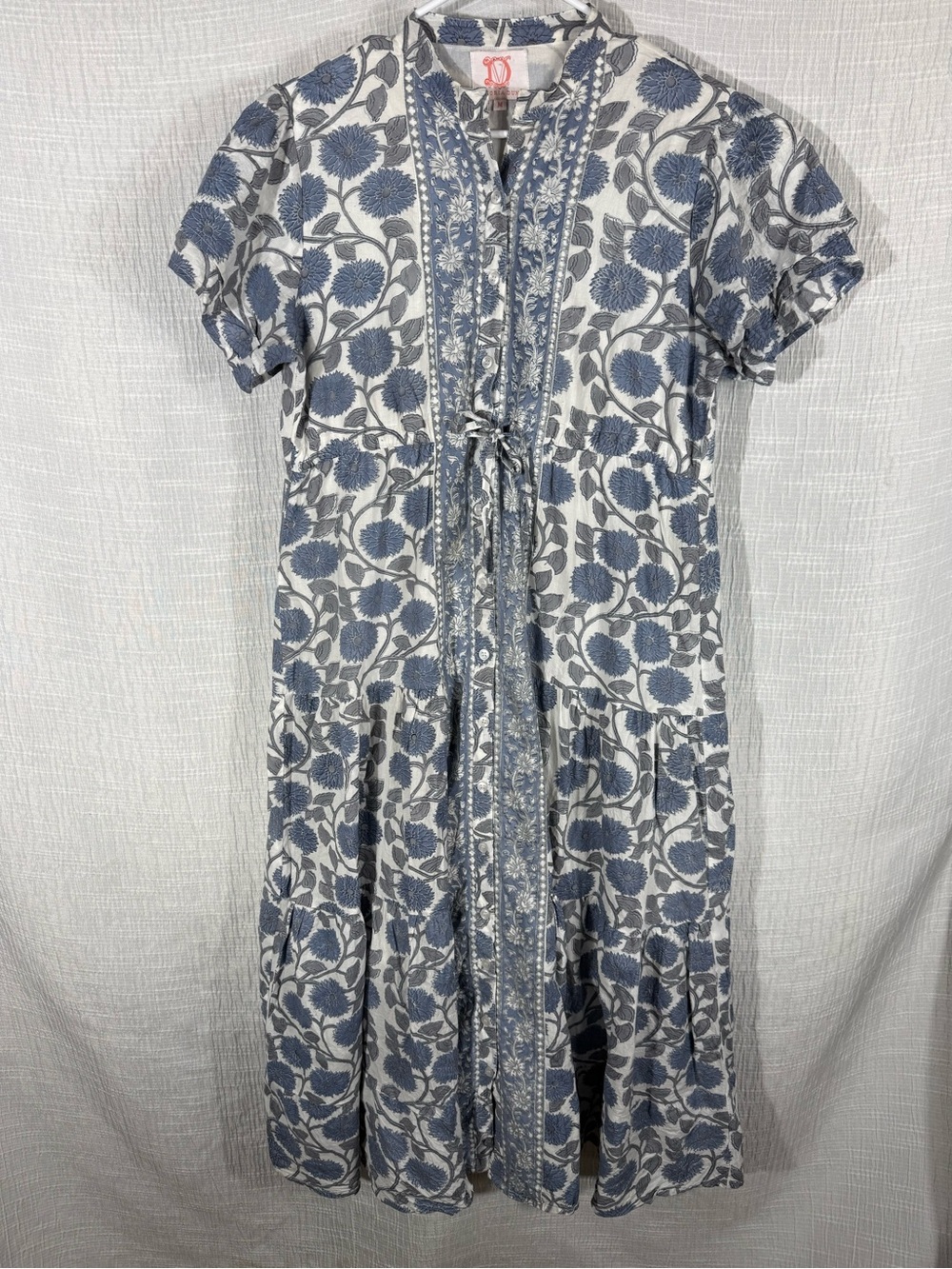 Victoria Dunn Blue Floral Block Print Cotton Midi Dress Made in India | M - Picture 3 of 14